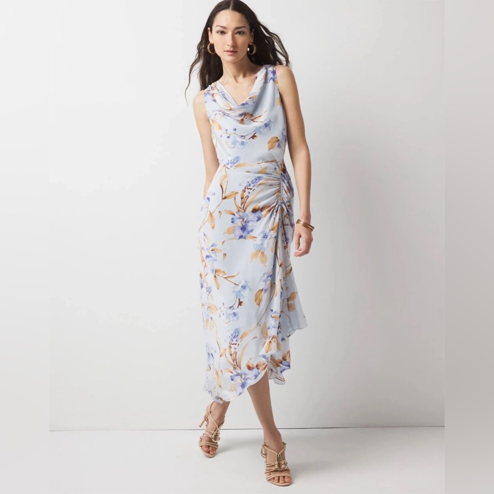 NWT White House Black Market Cowl Neck Ruched Midi Dress 12 Garden Party Floral